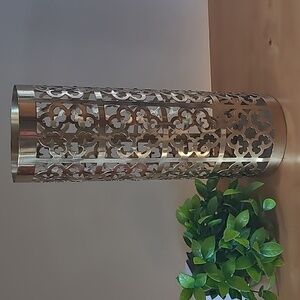 LACQUERED BRASS Laser Cut Out Pierced Cylindrical Metal Vase Pillar Candleholder